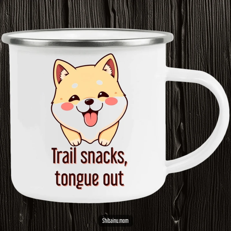 Funny Shibainu camping mug with a cute dog face and tongue out, ideal for outdoor enthusiasts.