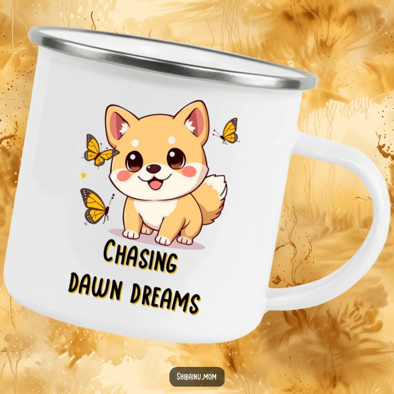 Funny kawaii Shiba Inu dog with big eyes chasing a butterfly, enjoying the outdoors from a camping mug.