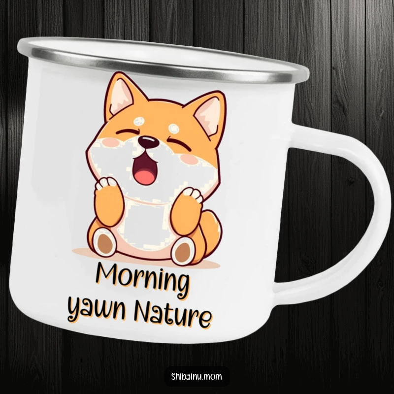 Funny Shiba Inu camping mug showing a sleepy dog yawning and stretching, perfect for a relaxed outdoor experience.