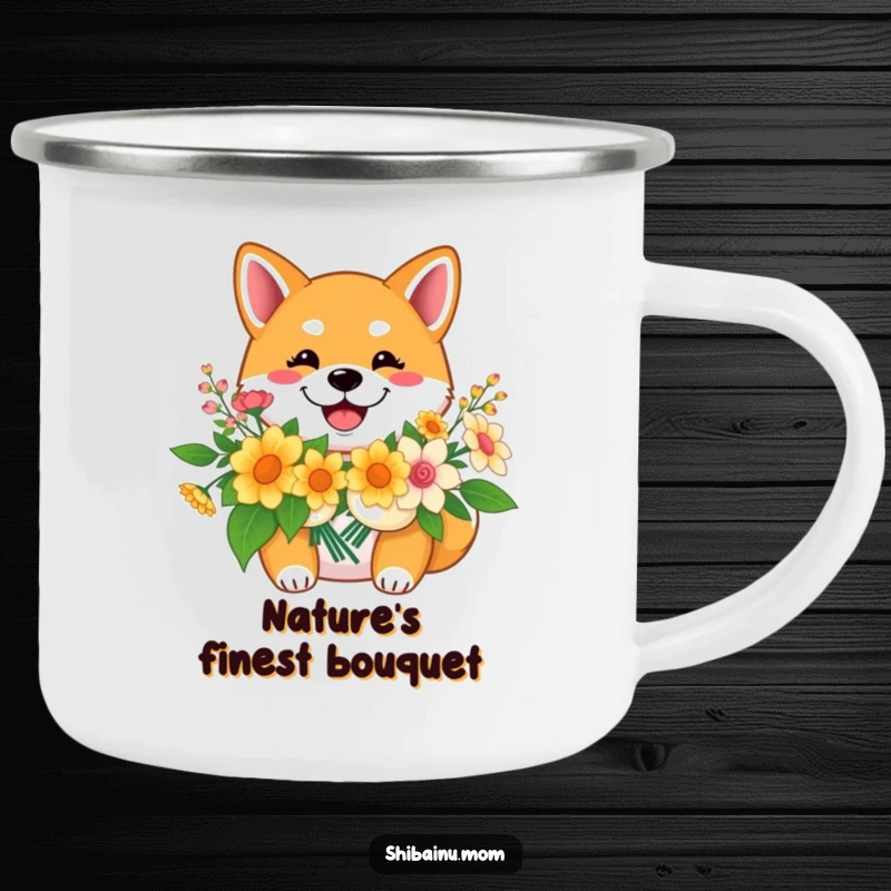 Funny Shiba Inu camping mug, a smiling dog holds flowers, radiating cheerful vibes for outdoor enjoyment.