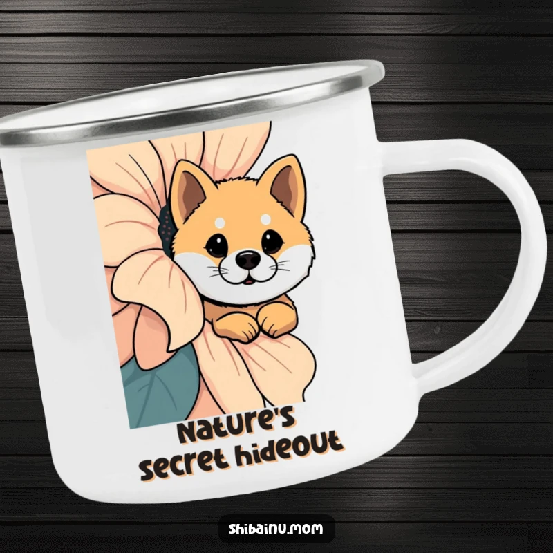 Funny Shiba Inu Camping Mug: A Shiba Inu curiously peeks from behind a giant flower, perfect for outdoor wonder.