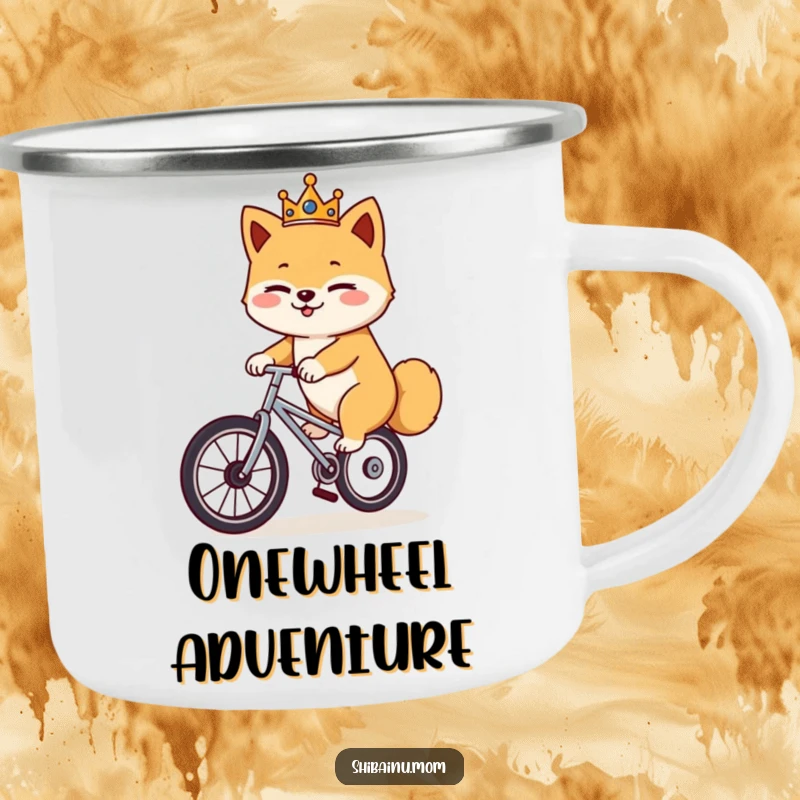 Funny Shiba Inu unicycle camping mug, a crowned dog winks while riding a unicycle, durable outdoor drinkware with royal humor.
