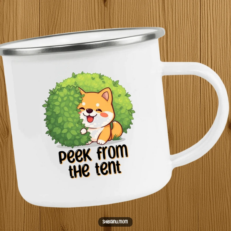 Funny Kawaii Shiba Inu camping mug featuring a giggling dog peeking playfully from behind a bush. Durable and cute for outdoor fun, a perfect funny gift.
