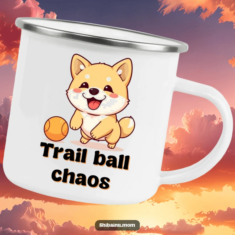 Funny Shiba Inu dribbling ball camping mug, an energetic dog plays with a ball, durable outdoor drinkware with humor.