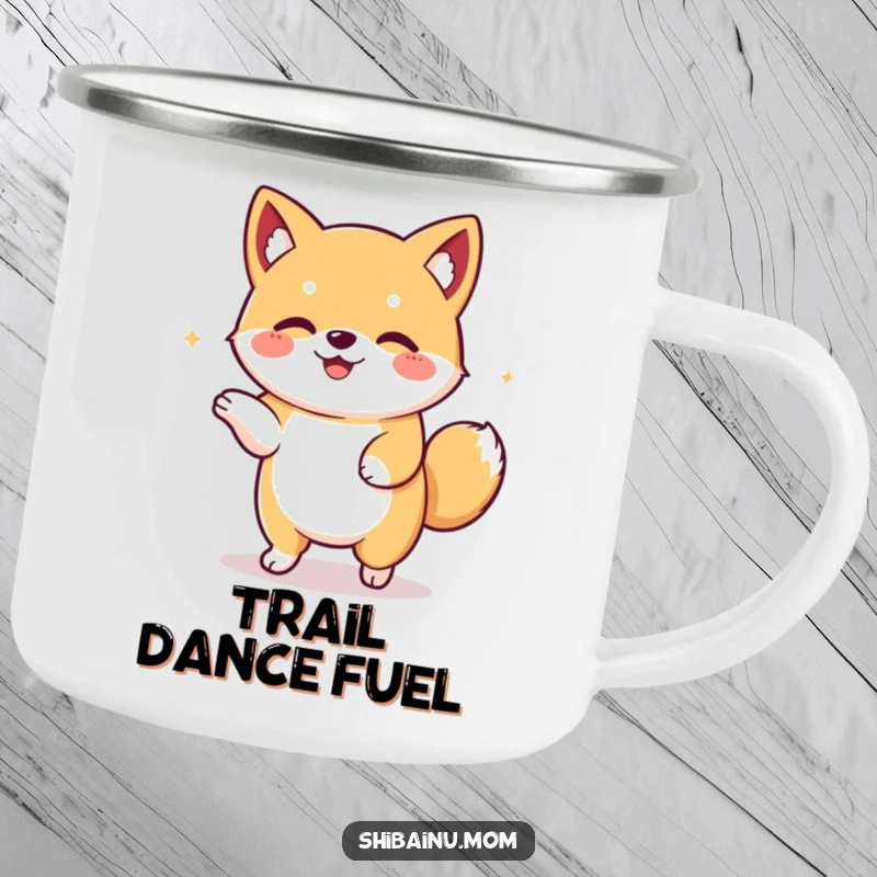 Funny Kawaii Shiba Inu camping mug featuring a floppy-eared dog dancing joyfully. Durable and cute for outdoor fun, a perfect funny gift.