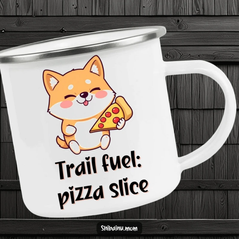 Funny Shiba Inu camping mug, winking dog holding a giant pizza slice, for outdoor adventures and coffee lovers.