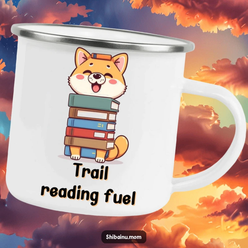 Funny Shiba Inu camping mug showing a proud dog balancing books on its head, perfect for a thoughtful outdoor break.