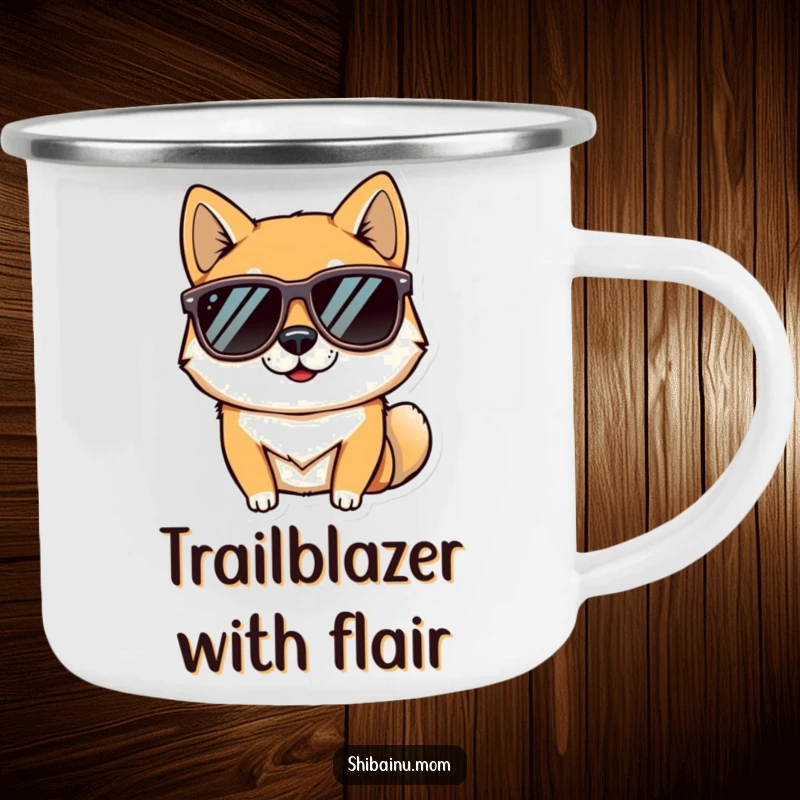 Funny camping mug with a cool Shiba Inu dog in sunglasses, perfect for outdoor trips and beverages, offering durability and humorous style.