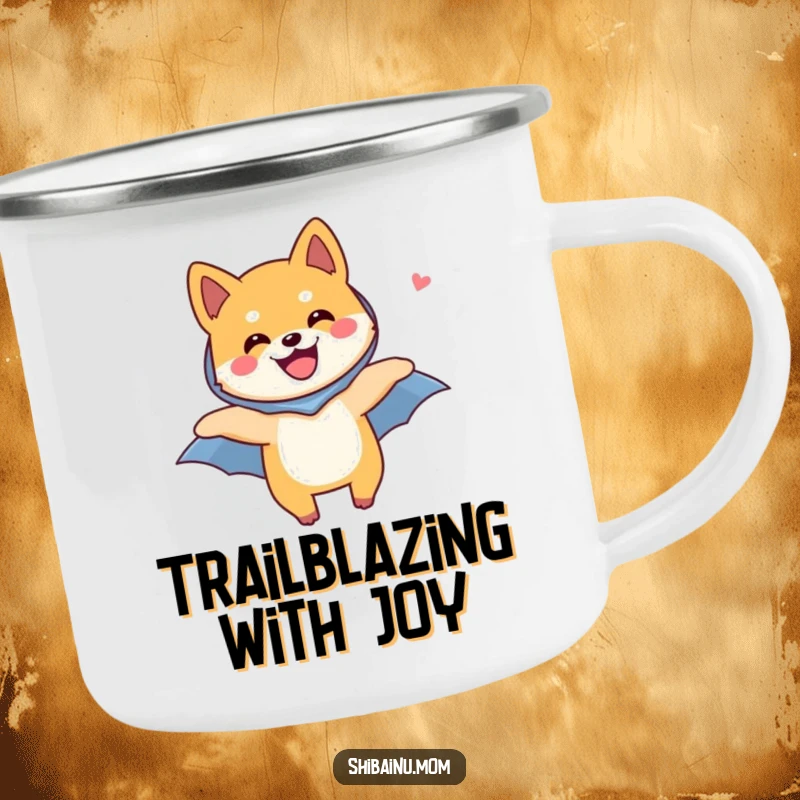 Funny Shiba Inu dog camping mug, depicting a Shiba Inu flying with a tiny cape, perfect for enjoying drinks in nature.