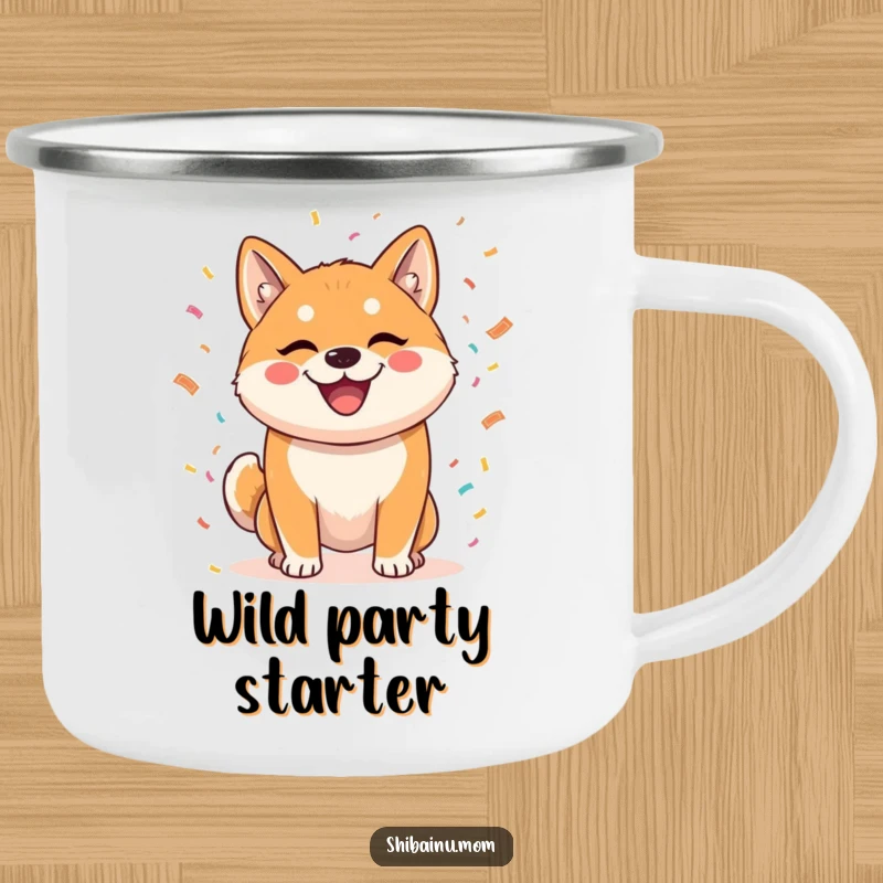 Funny camping mug with a mischievous Shiba Inu throwing confetti, designed for durability and bringing a festive, humorous spirit to outdoor activities.