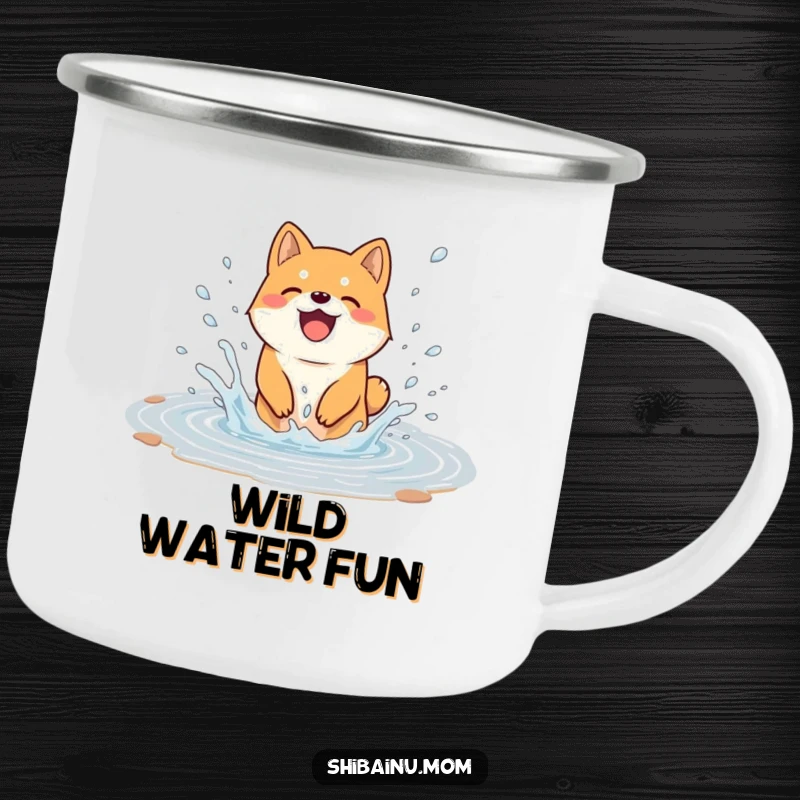 Funny camping mug with a Shiba Inu dog joyfully splashing in a puddle, water flying, perfect for outdoor use and bringing a smile.