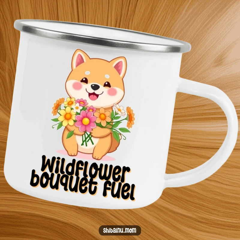 Funny Kawaii Shiba Inu camping mug featuring a happy dog holding a bouquet of flowers. Durable and cute for outdoor fun, a perfect funny gift.