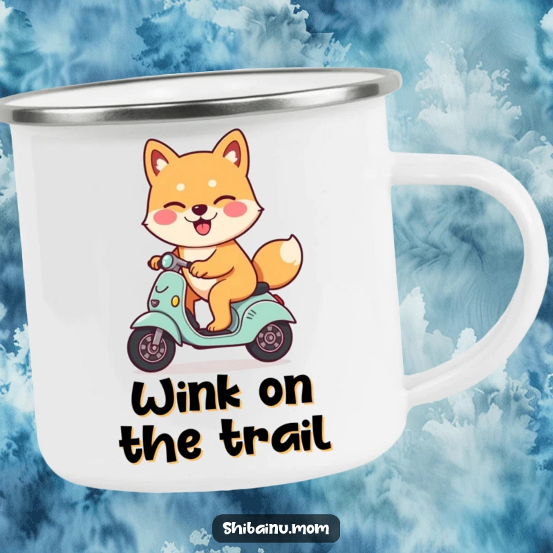 Funny Shiba Inu dog camping mug, winking playfully, riding a scooter, depicting a cool and happy dog for outdoor use.