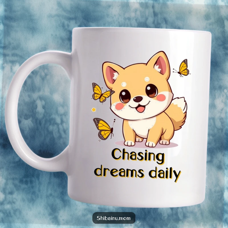 Funny kawaii Shiba Inu dog with big eyes playfully chasing a butterfly, looking adorable on a mug.