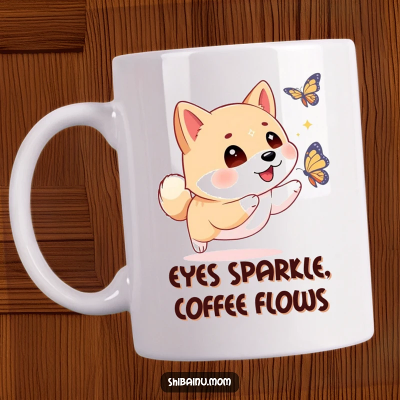 Funny Shiba Inu with wide, sparkling eyes, playfully chasing a colorful butterfly through a field, radiating pure joy and wonder.