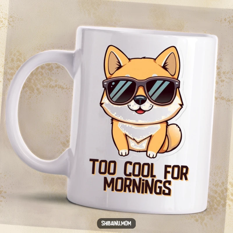 Funny mug showcasing a cool Shiba Inu dog wearing oversized sunglasses, striking a confident and stylish pose, a humorous canine accessory.