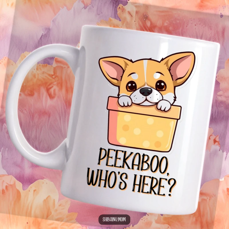 Funny Dog Mug: Alert-eared puppy curiously peeking out of a vibrant, closed gift box, brimming with playful anticipation.