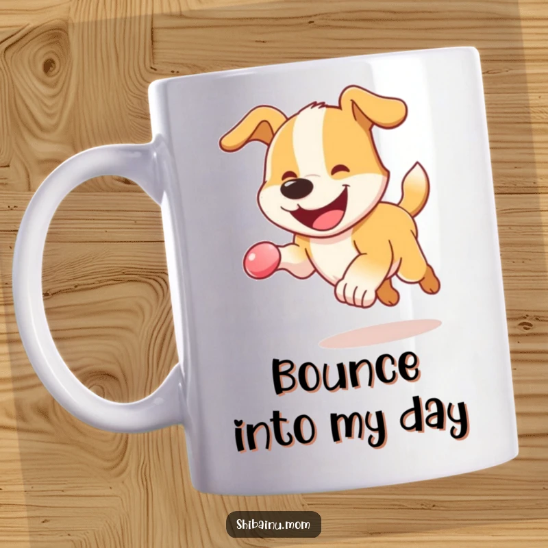 Funny Dog Mug: Energetic dog with a wide, happy grin bounding after a colorful bouncy sphere, pure canine joy.