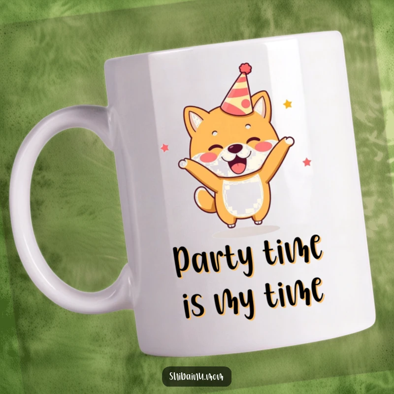 Funny Kawaii Shiba Inu Mug wearing a party hat, bouncing with excitement, ready for celebration.