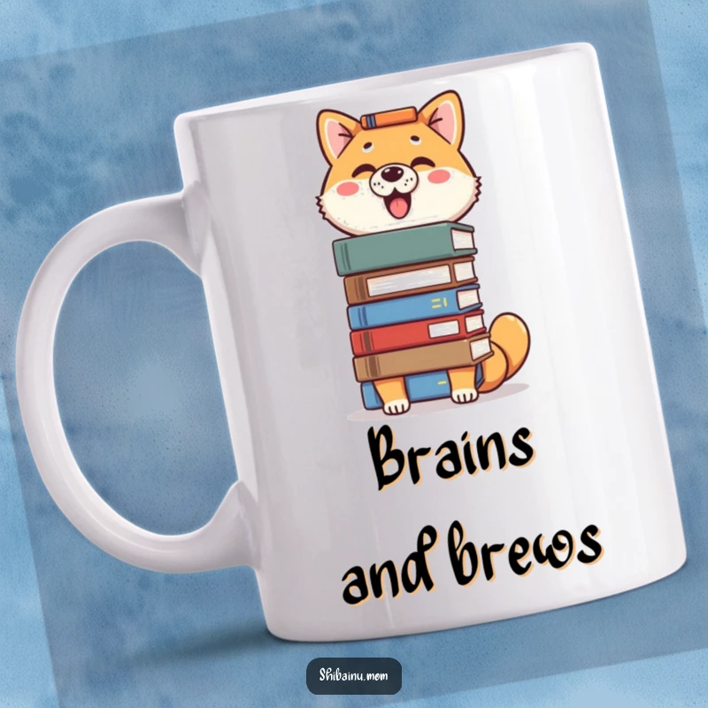 Funny proud Shiba Inu mug showing a dog with a stack of books perfectly balanced on its head, looking intelligent.