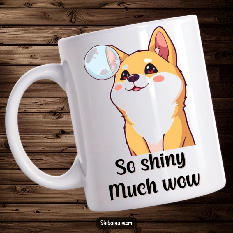 Funny Shiba Inu mug, a curious dog gazes up at a floating bubble, embodying cheerful wonder and playful innocence.