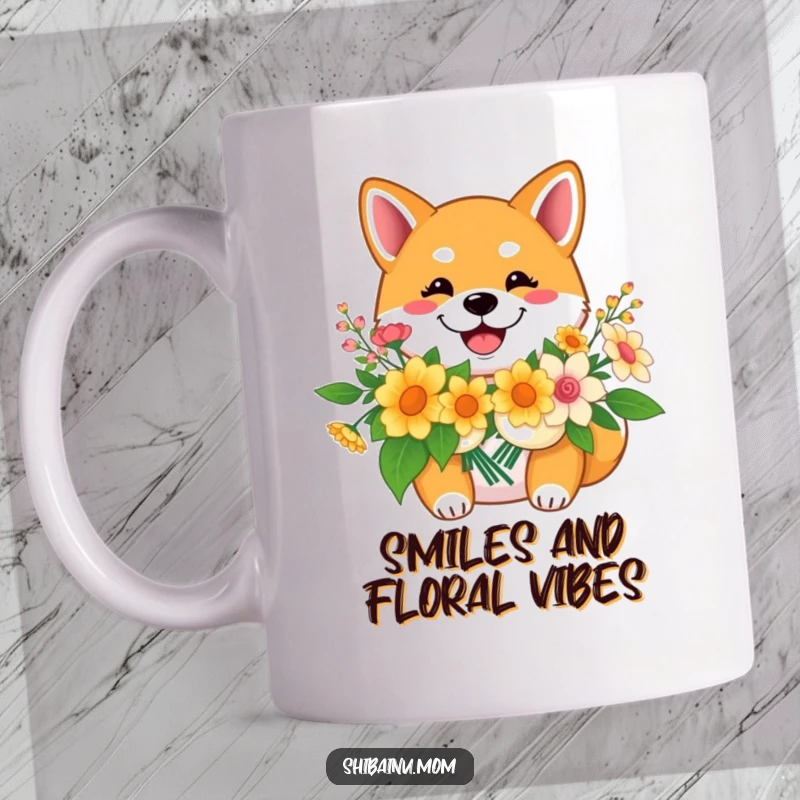 Funny Shiba Inu mug, a smiling dog holds a bouquet of flowers, radiating pure joy and cheerful affection.