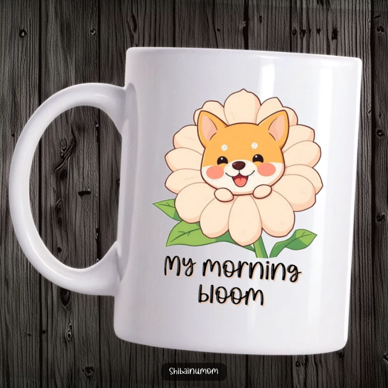 Funny Shiba Inu smiling flower mug, adorable dog peeking playfully from behind a giant, cheerful bloom, bringing joy.
