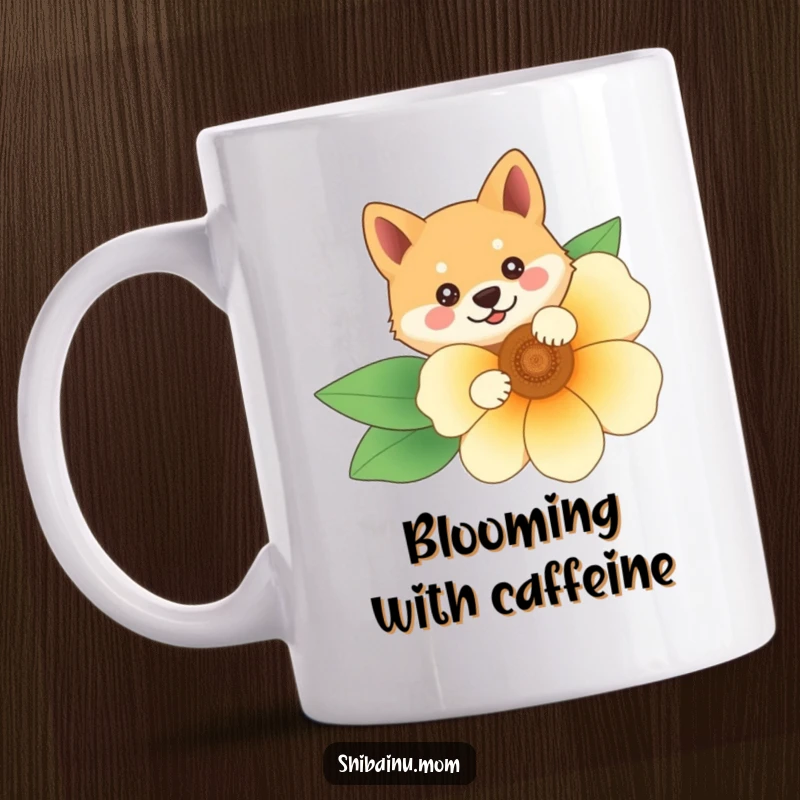 Funny Shiba Inu character peeking shyly from behind a large, colorful flower, with curious eyes and a playful disposition.