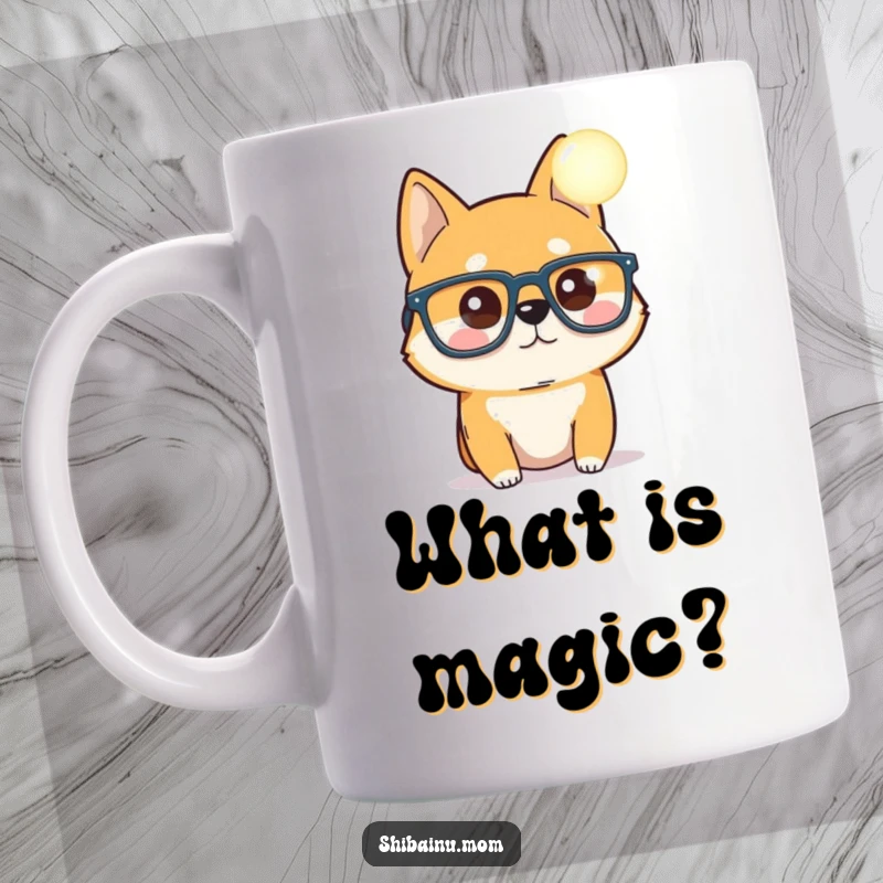 Funny Shiba Inu mug, oversized glasses, looking intently at a glowing orb, representing curiosity and cosmic wonder, a perfect funny gift.