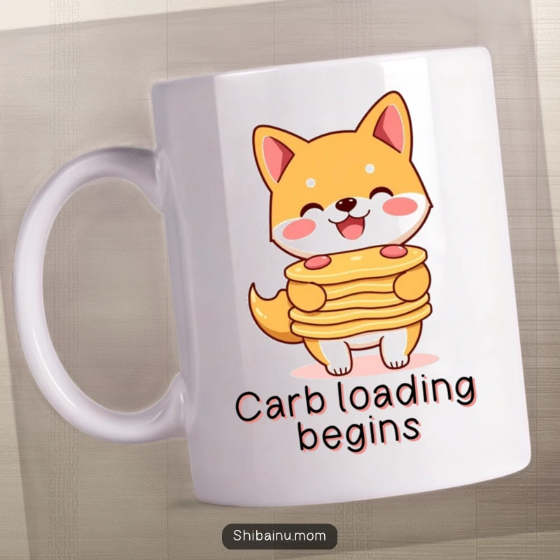 Funny Shiba Inu mug showing a happy doggle balancing a tall stack of pancakes with a huge, content smile.
