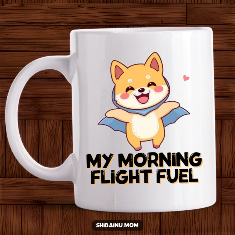 Funny Shiba Inu dog mug, joyfully soaring through the air with a tiny cape, embodying freedom and happiness in flight.