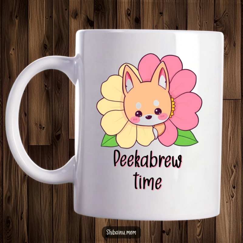 Funny Shibainu mug featuring a cute dog peeking from behind a large, vibrant, colorful flower.