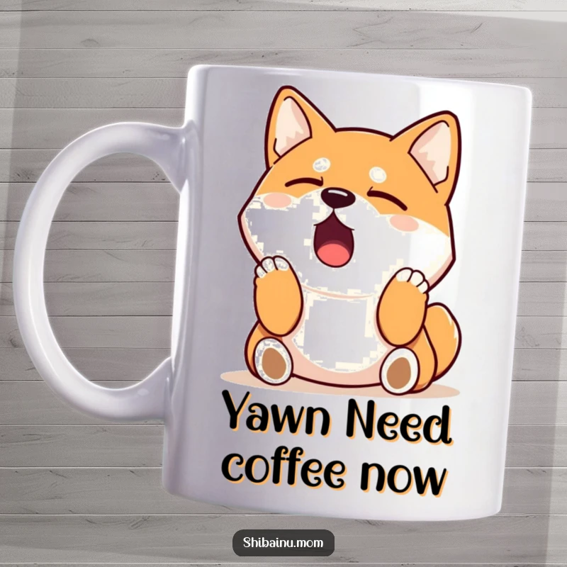 Funny Shiba Inu mug showing a sleepy dog mid-yawn, stretching its paws upwards in a relatable display of morning exhaustion.
