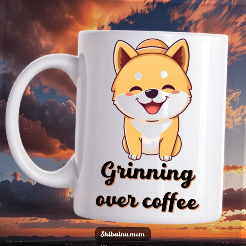 Funny silly Shiba Inu dog mug, wearing an oversized hat, grinning widely, conveying pure joy and humor, ideal for gifts.
