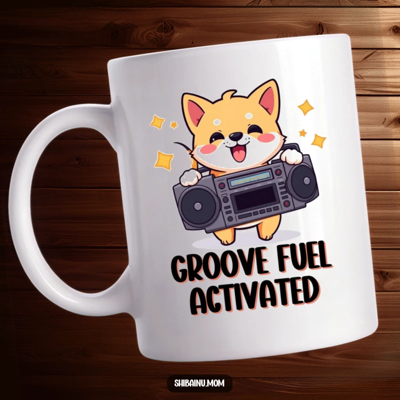 Funny mug featuring an energetic Shiba Inu holding a boombox and bopping its head, radiating a fun, musical vibe for dog lovers.
