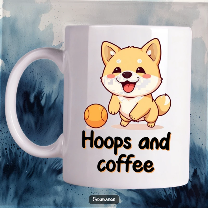 Funny Shiba Inu dribbling ball mug, energetic dog with floppy ears focused on a small ball, capturing playful motion.