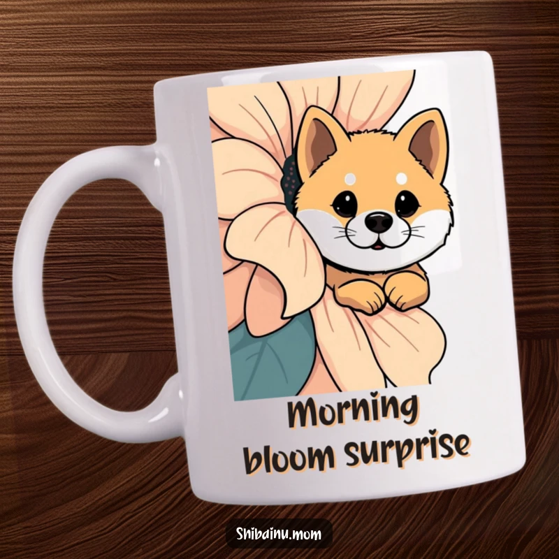 Funny Shiba Inu Mug: A Shiba Inu with wide, curious eyes peeks shyly from behind an oversized, vibrant flower.