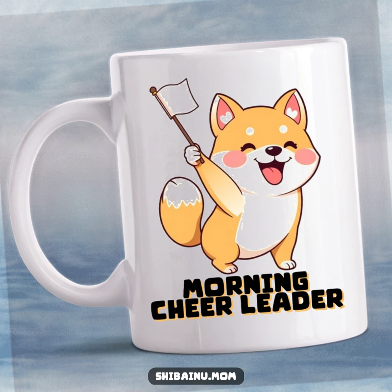 Funny mug featuring an excited Shiba Inu dog waving a tiny flag, its tail wagging furiously, embodying cheerful celebration and enthusiasm.