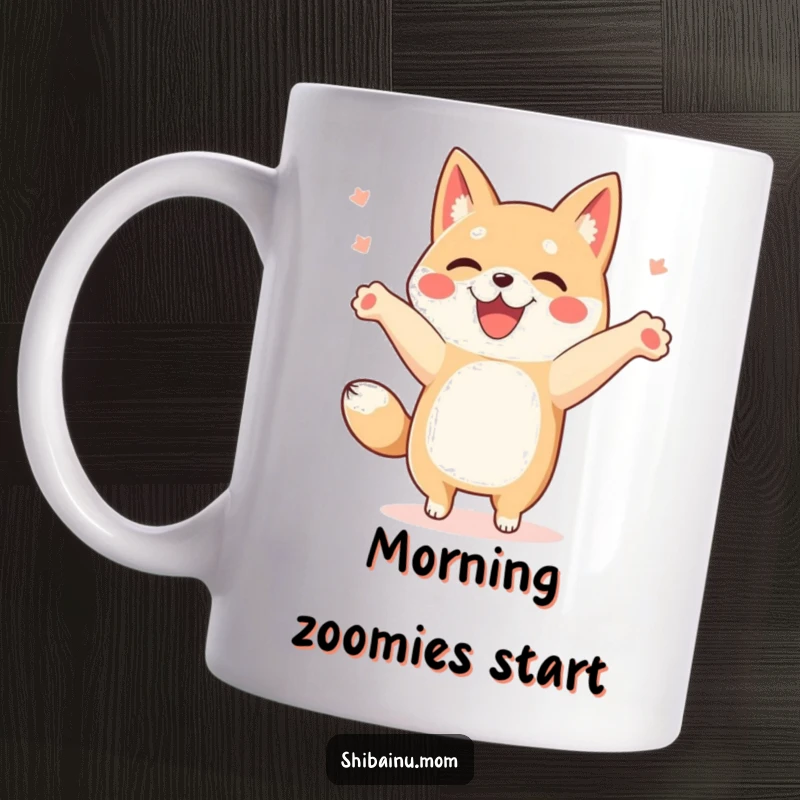 Funny Shibainu mug featuring a dog doing a joyful happy dance with its paws up in the air.