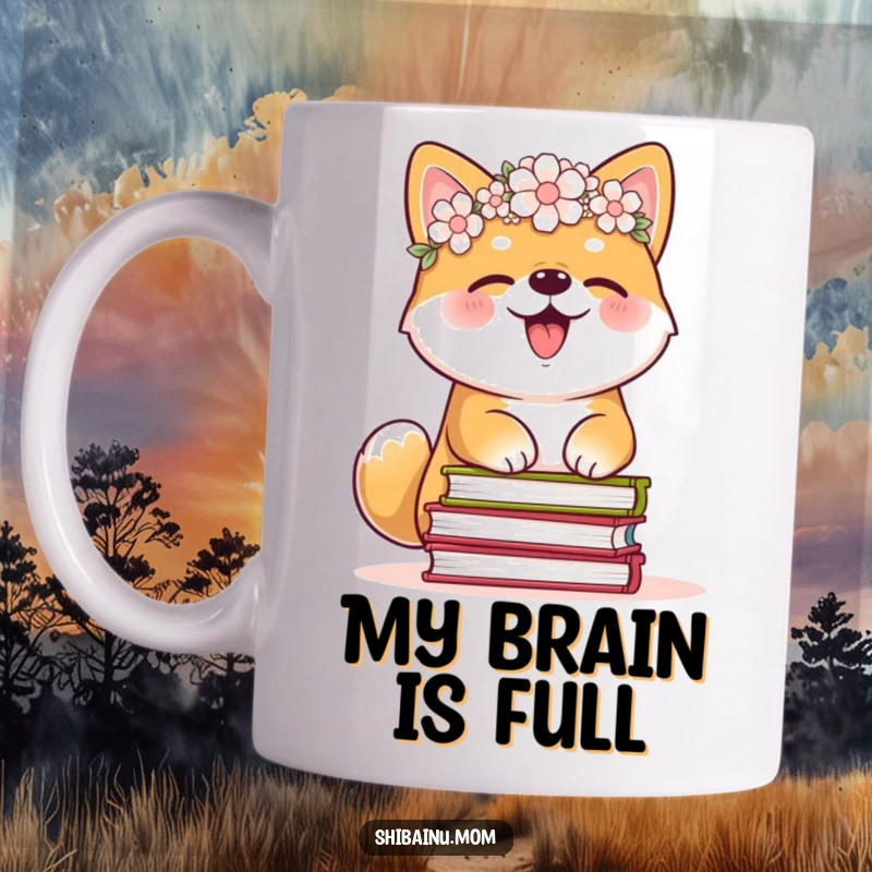 Funny Shiba Inu mug with a flower crown, giggling uncontrollably while struggling to balance a tall stack of books, showcasing a love for reading.