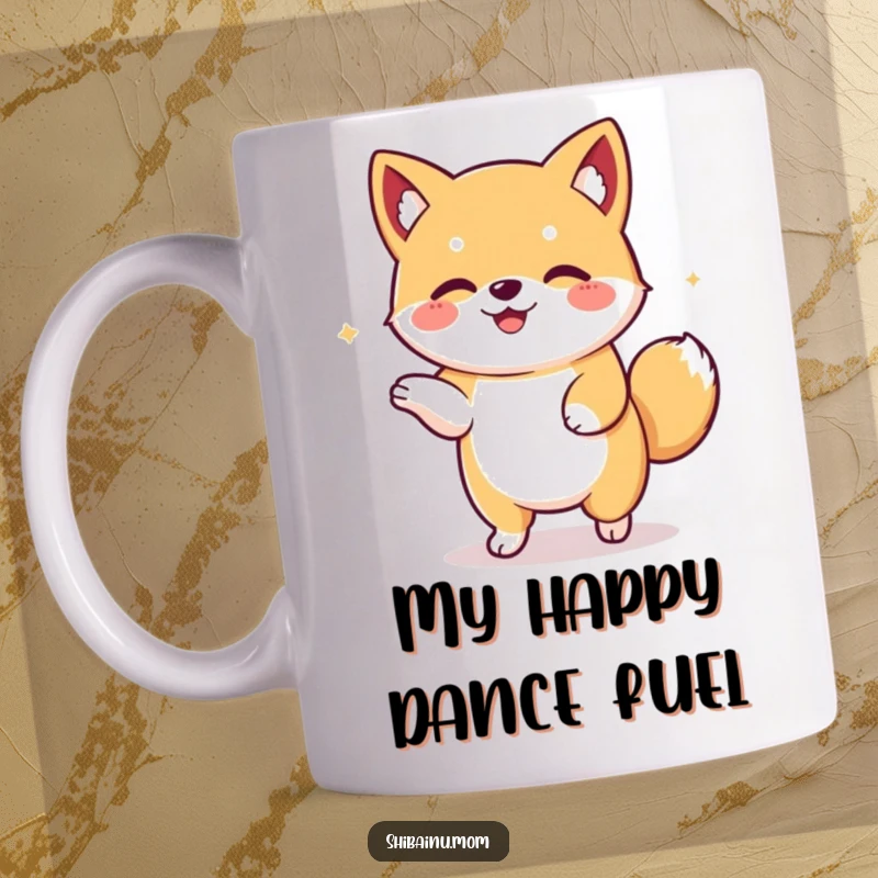 Funny Kawaii Shiba Inu mug featuring a happy pup with floppy ears dancing joyfully. A whimsical and cute design for a delightful gift.
