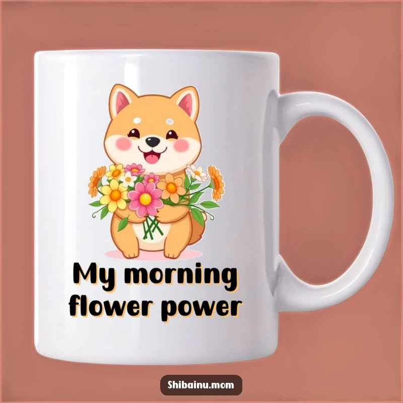Funny Kawaii Shiba Inu Flower Mug: Happy Pup with Bouquet, Perfect Gift!