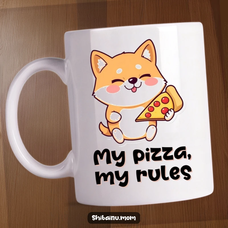 Funny Shiba Inu mug winking mischievously while holding a huge slice of pizza, looking like a pizza-loving rogue.