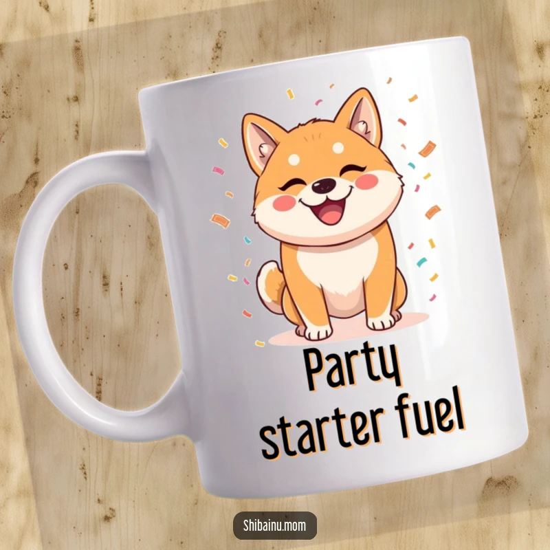Funny mug featuring a grinning Shiba Inu gleefully throwing confetti, embodying a mischievous and celebratory party vibe for dog lovers.