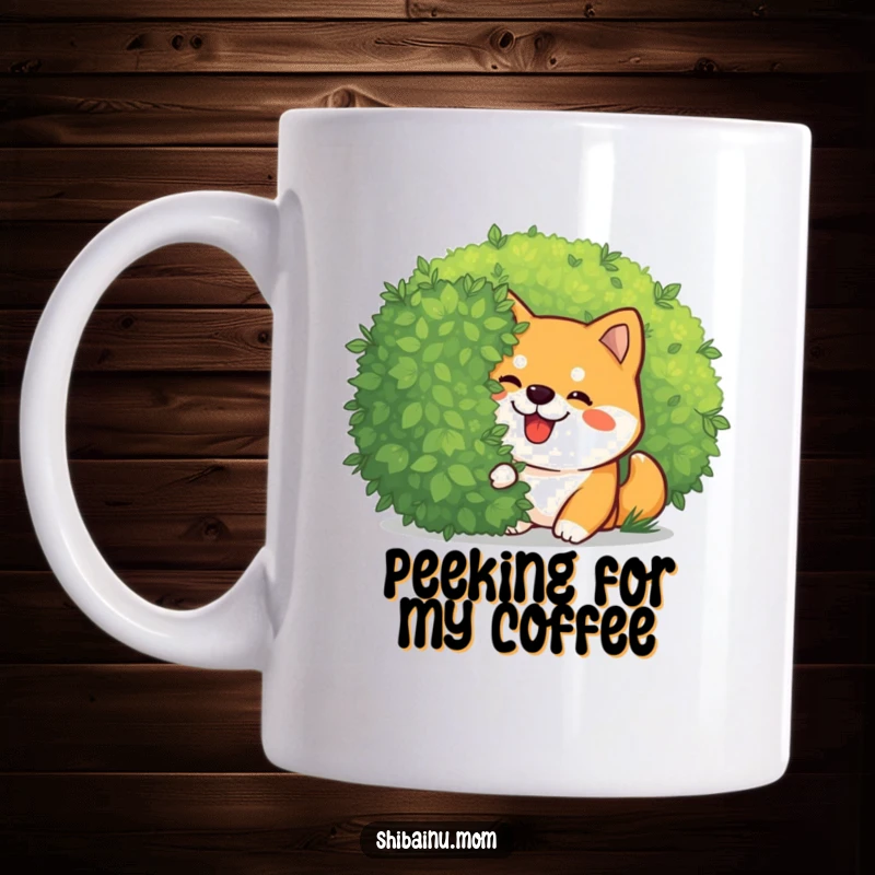 Funny Kawaii Shiba Inu mug featuring a giggling pup playfully peeking from behind a green bush. Whimsical and cute design for a charming gift.