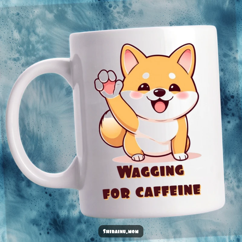 Funny Shiba Inu mug showing a dog excitedly waving a tiny paw, with its tail wagging rapidly in pure happy greeting.