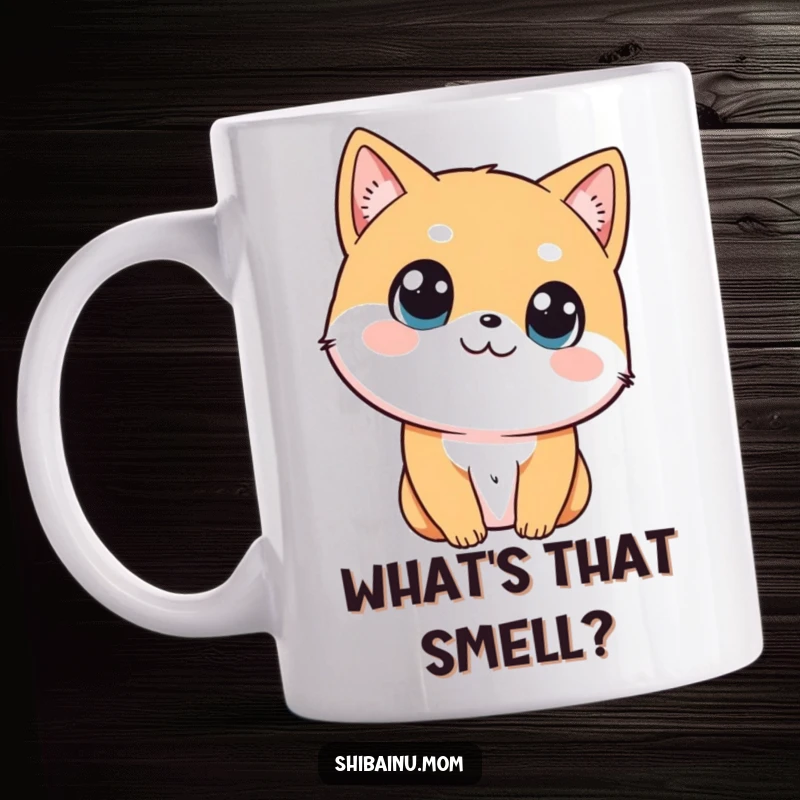 Funny Shibainu mug featuring a dog with big, curious eyes tilting its head sideways in an inquisitive manner.