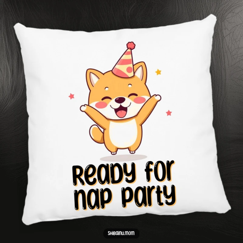 Funny Kawaii Shiba Inu Pillow wearing a party hat, bouncing with excitement, perfect for cozy fun.