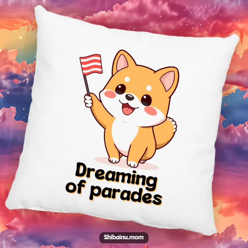 Funny Shiba Inu pillow, an enthusiastic dog waves a flag, offering cheerful comfort and energetic flair.
