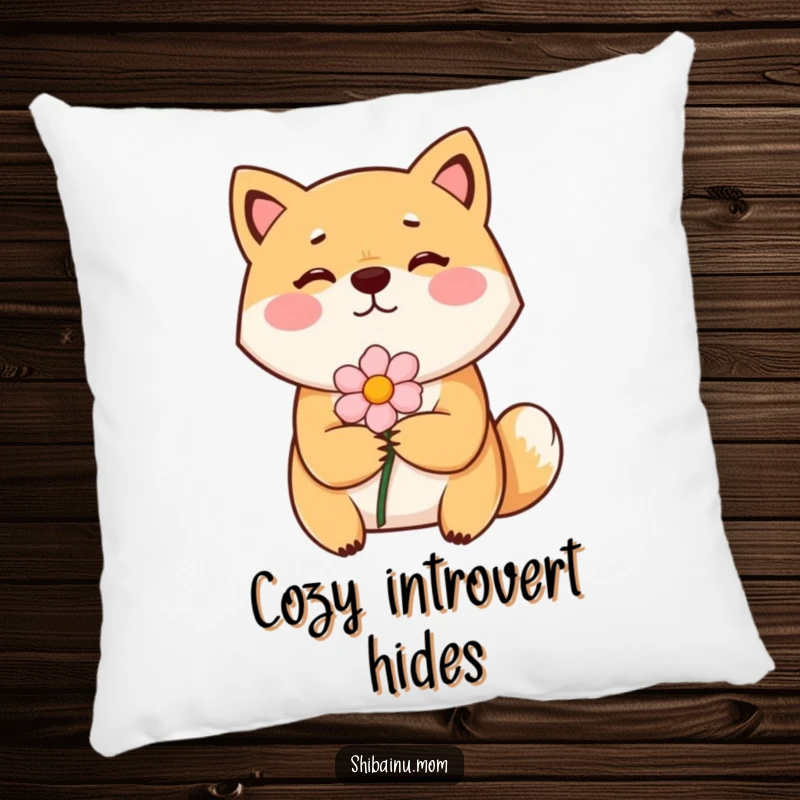 Funny Shiba Inu pillow featuring a bashful dog with rosy cheeks, shyly presenting a flower, perfect for cozy comfort.